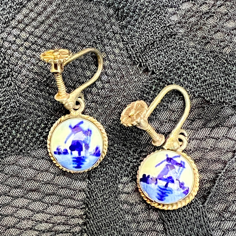 ANTIQUE STERLING SILVER DELFT EARRINGS